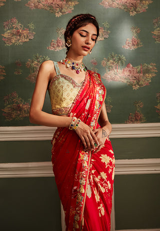 Kalista-Rehmat Red Pre-Draped Sari With Blouse-INDIASPOPUP.COM