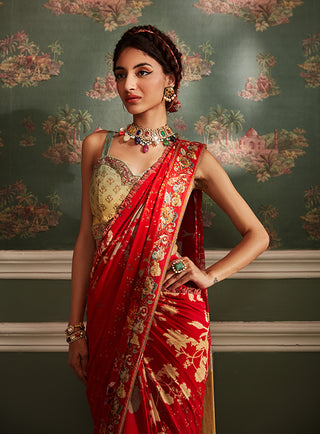 Kalista-Rehmat Red Pre-Draped Sari With Blouse-INDIASPOPUP.COM