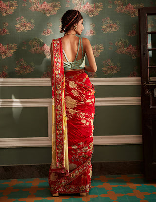 Kalista-Rehmat Red Pre-Draped Sari With Blouse-INDIASPOPUP.COM