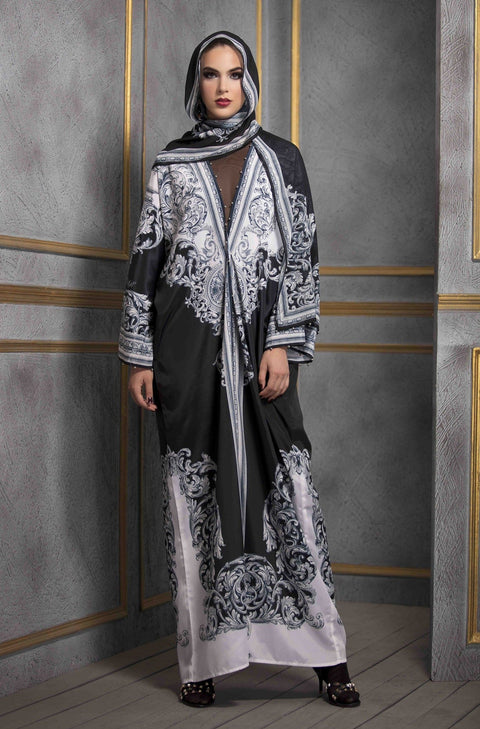 Rajdeep Ranawat-Black & White Kimono Dress With Stole-INDIASPOPUP.COM
