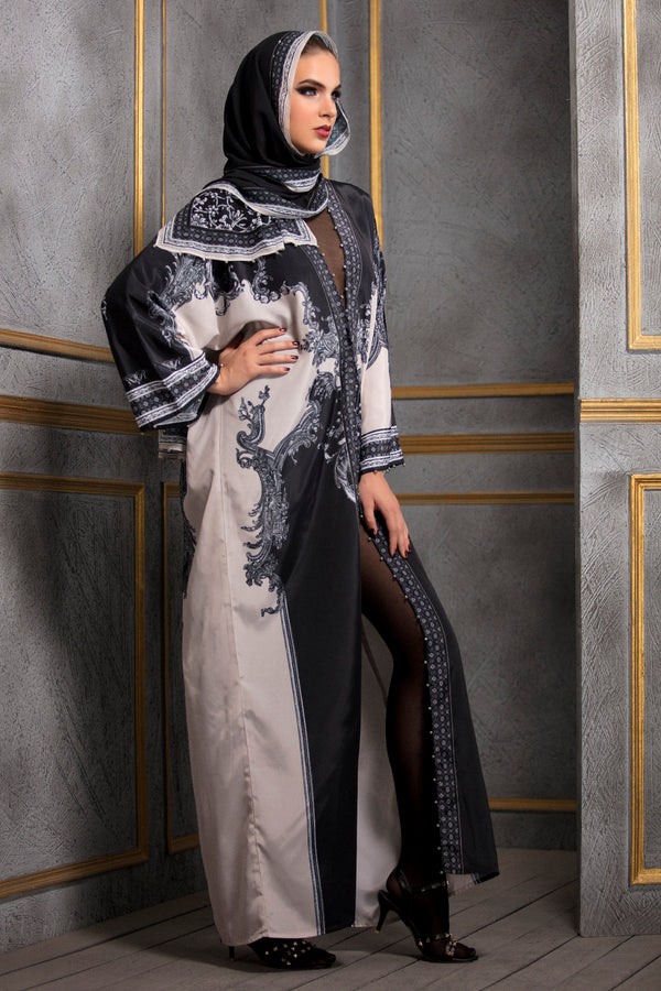 Rajdeep Ranawat-Cream & Black Kimono Dress With Stole-INDIASPOPUP.COM