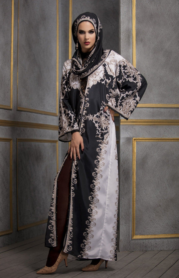 Rajdeep Ranawat-Beige & Black Kimono Dress With Stole-INDIASPOPUP.COM
