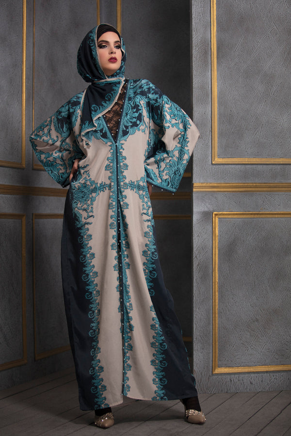 Rajdeep Ranawat-Turquoise & Beige Kimono Dress With Stole-INDIASPOPUP.COM