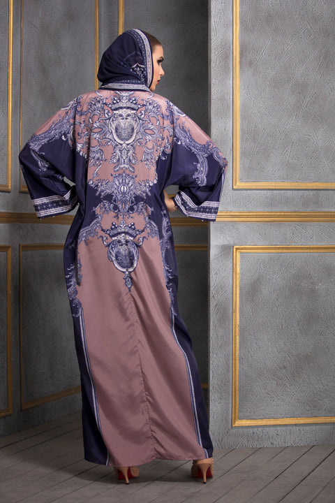 Rajdeep Ranawat-Old Rose & Navy Kimono Dress With Stole-INDIASPOPUP.COM