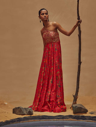 Drishti & Zahabia-Red One Shoulder Maxi Dress-INDIASPOPUP.COM