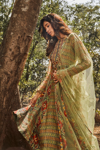 Drishti & Zahabia-Green Embroidered Anarkali Set-INDIASPOPUP.COM