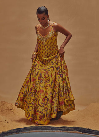 Drishti & Zahabia-Yellow Printed Kali Lehenga With Top-INDIASPOPUP.COM