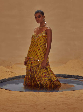 Drishti & Zahabia-Yellow Printed Kali Lehenga With Top-INDIASPOPUP.COM