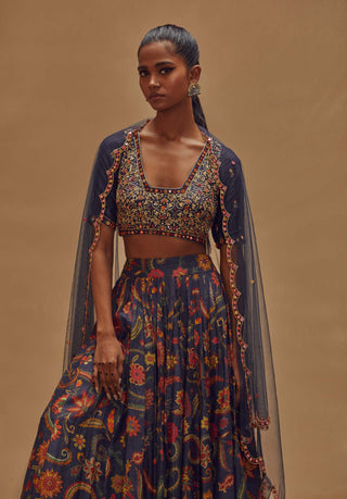 Drishti & Zahabia-Navy Gathered Lehenga Set-INDIASPOPUP.COM