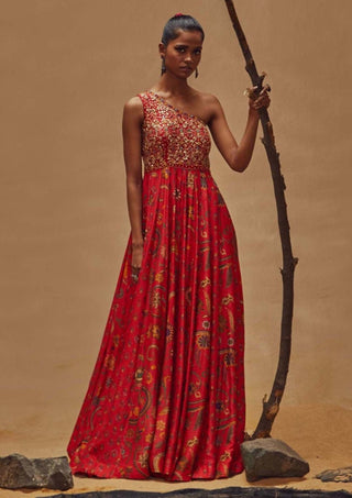 Drishti & Zahabia-Red One Shoulder Maxi Dress-INDIASPOPUP.COM