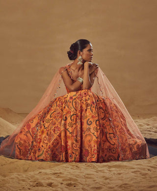 Drishti & Zahabia-Peach Embroidered Godet Lehenga Set-INDIASPOPUP.COM