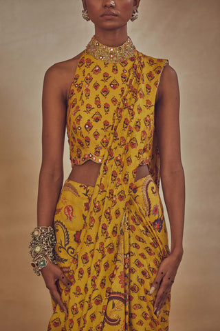 Drishti & Zahabia-Yellow Draped Printed Sari With Blouse-INDIASPOPUP.COM