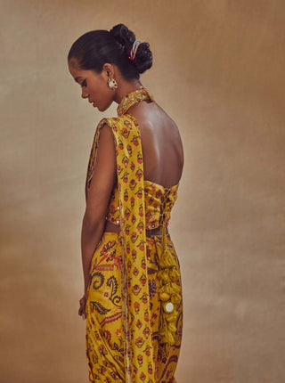 Drishti & Zahabia-Yellow Draped Printed Sari With Blouse-INDIASPOPUP.COM