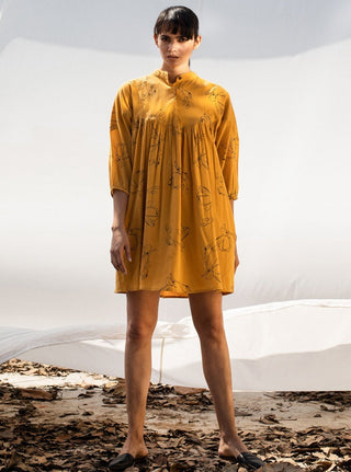 Khara Kapas-Yellow A-Line Midi Dress-INDIASPOPUP.COM