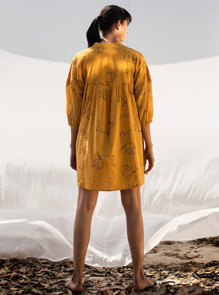 Khara Kapas-Yellow A-Line Midi Dress-INDIASPOPUP.COM