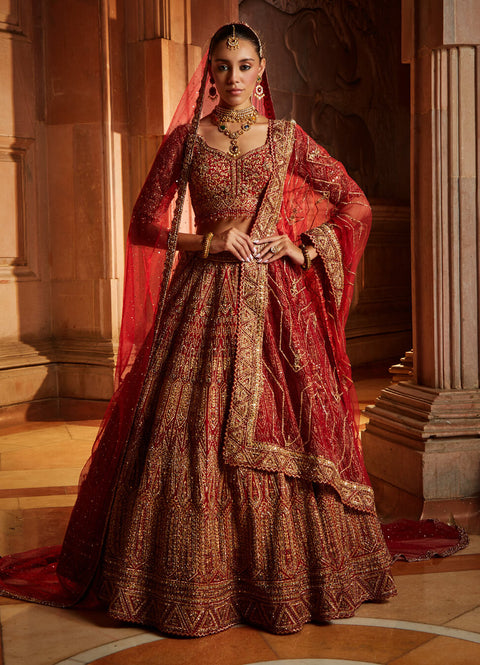 Bridal Lehengas - Gold and Red Wedding Lehenga | WedMeGood | Red Bridal  Lehenga with Gold Jewelry … | Indian bridal dress, Bridal lehenga red,  Indian bridal outfits