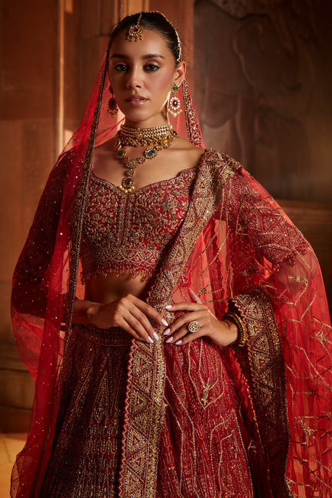 Nitika Gujral-Deep Red Bridal Lehenga Choli Set-INDIASPOPUP.COM