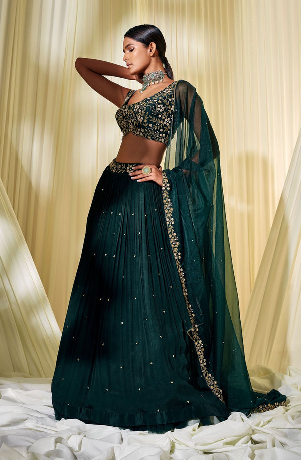 Buy Bottle Green Net Lehenga Choli With Floral Embroidery Online | Like A  Diva