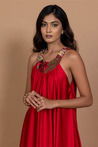 Varun Bahl-Red Satin Empress Maxi Dress-INDIASPOPUP.COM