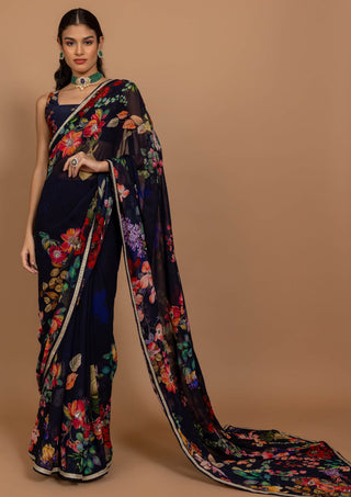 Varun Bahl-Midnight Blue Floral Printed Sari With Blouse-INDIASPOPUP.COM