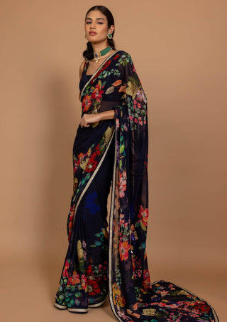 Varun Bahl-Midnight Blue Floral Printed Sari With Blouse-INDIASPOPUP.COM