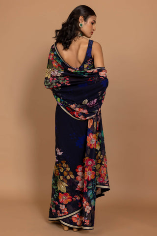 Varun Bahl-Midnight Blue Floral Printed Sari With Blouse-INDIASPOPUP.COM