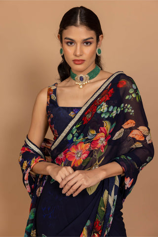 Varun Bahl-Midnight Blue Floral Printed Sari With Blouse-INDIASPOPUP.COM