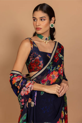 Varun Bahl-Midnight Blue Floral Printed Sari With Blouse-INDIASPOPUP.COM