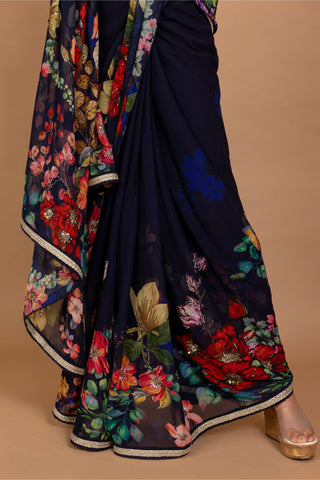 Varun Bahl-Midnight Blue Floral Printed Sari With Blouse-INDIASPOPUP.COM