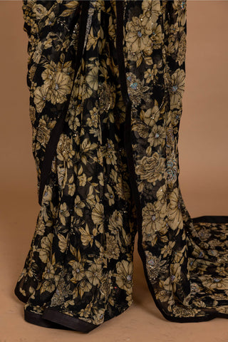 Varun Bahl-Black Floral Printed Sari Set-INDIASPOPUP.COM