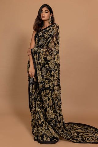 Varun Bahl-Black Floral Printed Sari Set-INDIASPOPUP.COM