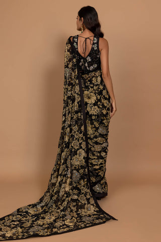 Varun Bahl-Black Floral Printed Sari Set-INDIASPOPUP.COM