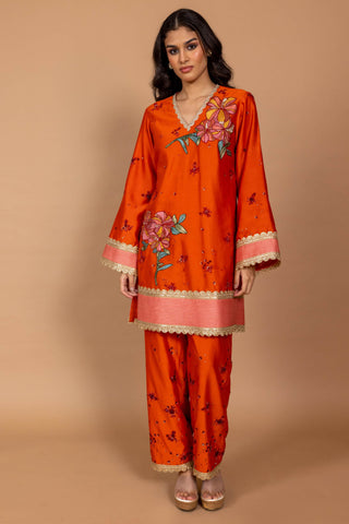 Varun Bahl-Sundown Orange Floral Kurta And Pants-INDIASPOPUP.COM