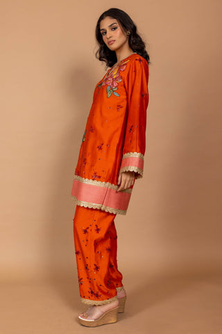 Varun Bahl-Sundown Orange Floral Kurta And Pants-INDIASPOPUP.COM