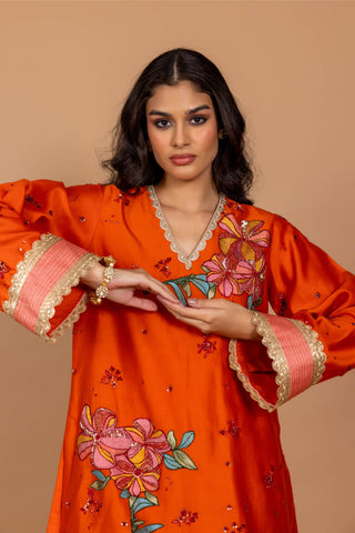 Varun Bahl-Sundown Orange Floral Kurta And Pants-INDIASPOPUP.COM