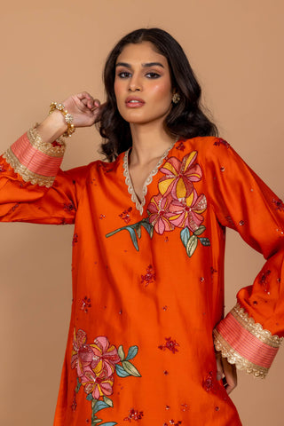 Varun Bahl-Sundown Orange Floral Kurta And Pants-INDIASPOPUP.COM