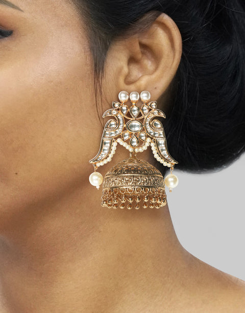 Tizora-Gold Finish Kundan Jhumkis-INDIASPOPUP.COM