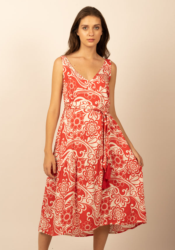 Be-Blu-Emila Red Printed Midi Dress-INDIASPOPUP.COM
