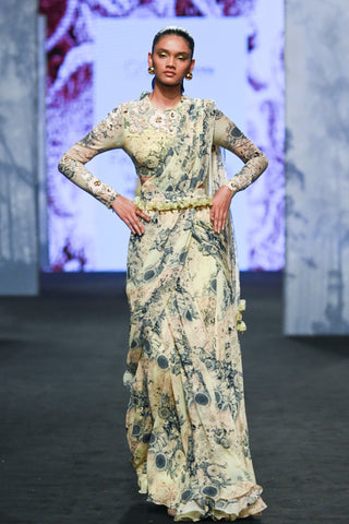 Bhumika Sharma-Mint Blue Blossom Draped Sari Set-INDIASPOPUP.COM