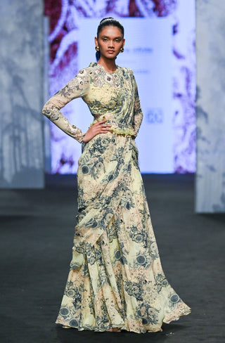Bhumika Sharma-Mint Blue Blossom Draped Sari Set-INDIASPOPUP.COM