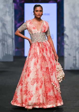 Bhumika Sharma-Champagne Red Blossom Anarkali With Belt-INDIASPOPUP.COM