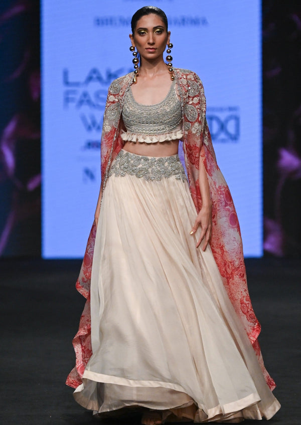 Bhumika Sharma | Ivory Printed Lehenga And Cape Set | INDIASPOPUP.COM