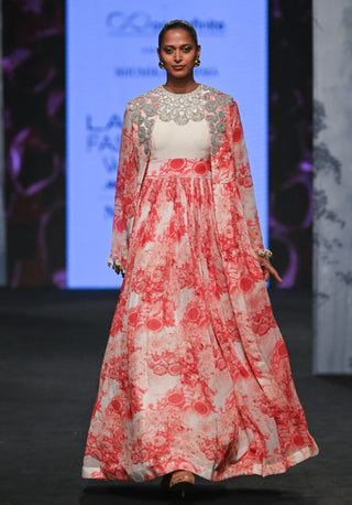 Bhumika Sharma-Champagne Red Blossom Jacket Anarkali Set-INDIASPOPUP.COM