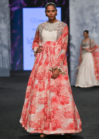 Bhumika Sharma-Champagne Red Blossom Jacket Anarkali Set-INDIASPOPUP.COM