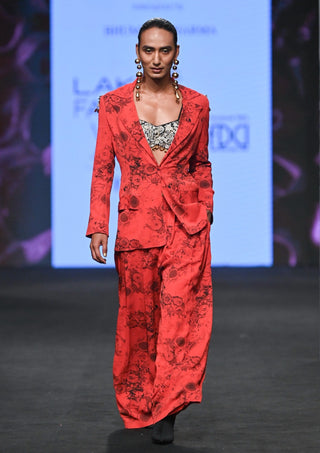 Bhumika Sharma-Red Black Printed Jacket And Pants Set-INDIASPOPUP.COM