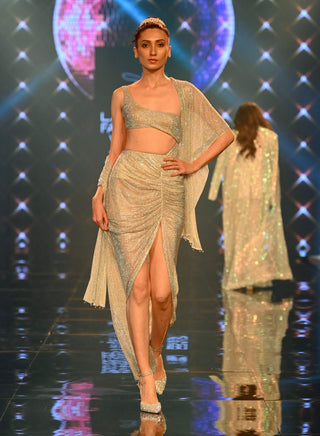 Itrh-Silver One Shoulder Ruched Gown With Stole-INDIASPOPUP.COM