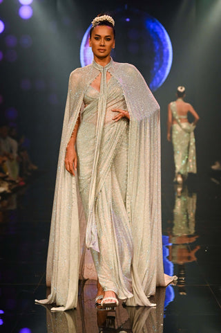 Itrh-Silver Embellished Pre-Draped Sari Set-INDIASPOPUP.COM