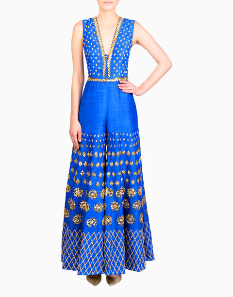 Papa Don'T Preach By Shubhika - Electric Blue Embellished Jumpsuit - INDIASPOPUP.COM