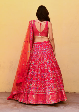 Chamee And Palak-Floras Feast Red Embroidered Lehenga Set-INDIASPOPUP.COM