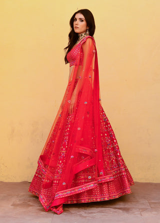 Chamee And Palak-Floras Feast Red Embroidered Lehenga Set-INDIASPOPUP.COM